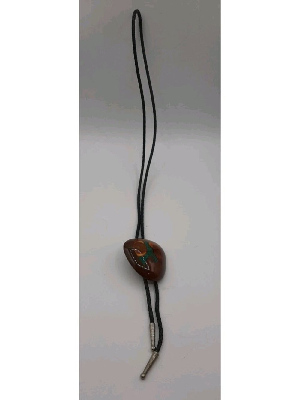 Vtg Handmade Western Style Bolo Tie Polished Lacquered Wood Pendant Leather Tie